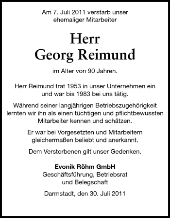 Traueranzeige von Georg Reimund von Echo-Zeitungen (Gesamtausgabe)