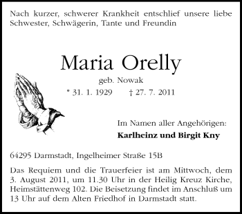 Traueranzeige von Maria Orelly von Darmstädter Echo, Odenwälder Echo, Rüsselsheimer Echo, Groß-Gerauer-Echo, Ried Echo