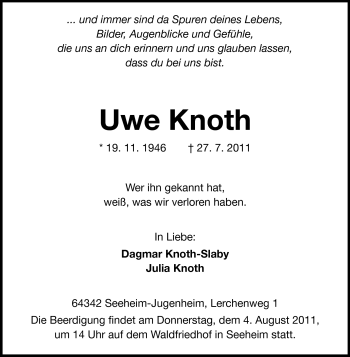 Traueranzeige von Uwe Knoth von Echo-Zeitungen (Gesamtausgabe)