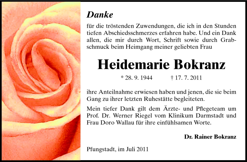 Traueranzeige für Heidemarie Bokranz vom 30.07.2011 aus Echo-Zeitungen (Gesamtausgabe)