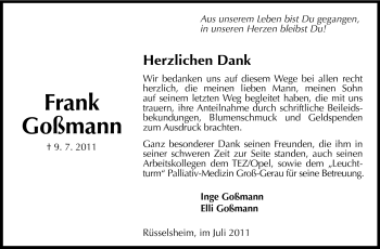 Traueranzeige von Frank Goßmann von Rüsselsheimer Echo, Groß-Gerauer-Echo, Ried Echo