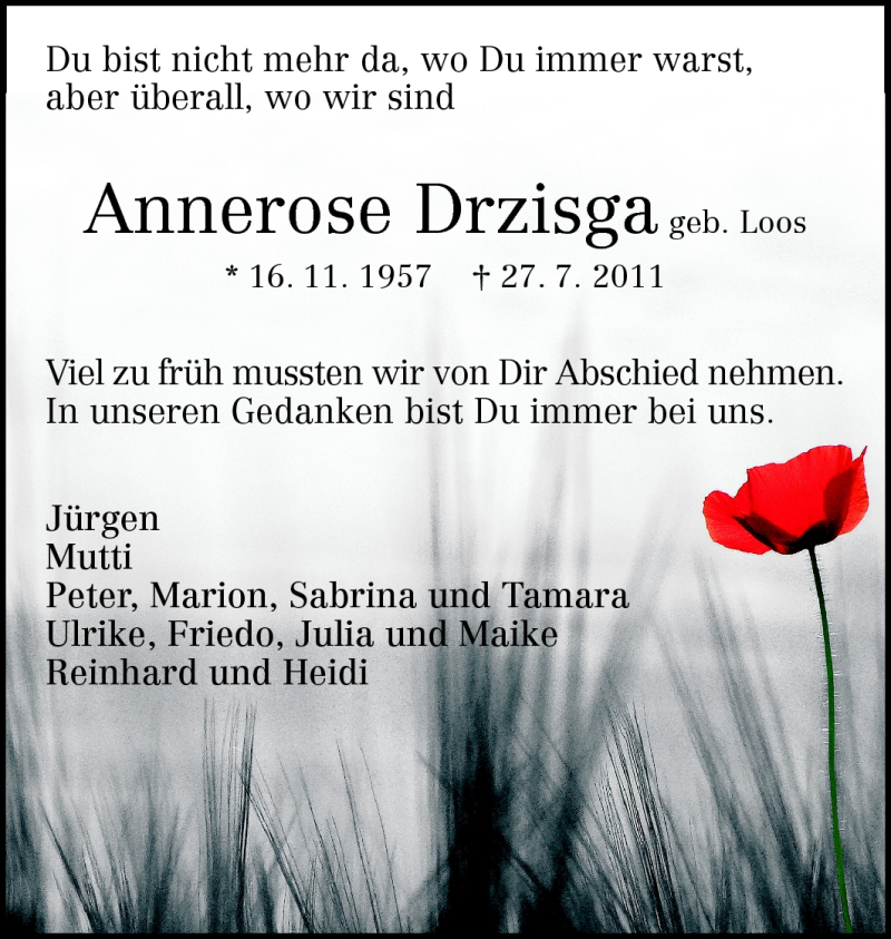  Traueranzeige für Annerose Drzisga vom 30.07.2011 aus Echo-Zeitungen (Gesamtausgabe)