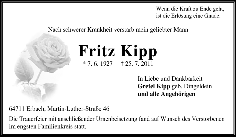  Traueranzeige für Fritz Kipp vom 05.08.2011 aus Odenwälder Echo