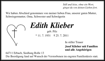 Traueranzeige von Edith Klieber von Odenwälder Echo