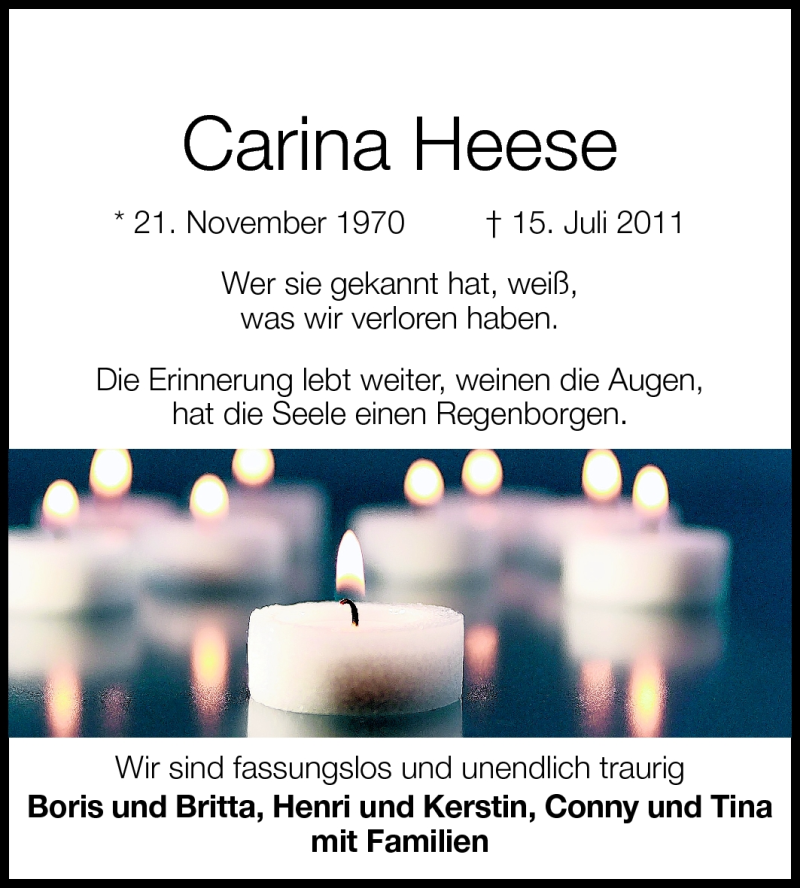  Traueranzeige für Carina Heese vom 02.08.2011 aus Rüsselsheimer Echo, Groß-Gerauer-Echo, Ried Echo