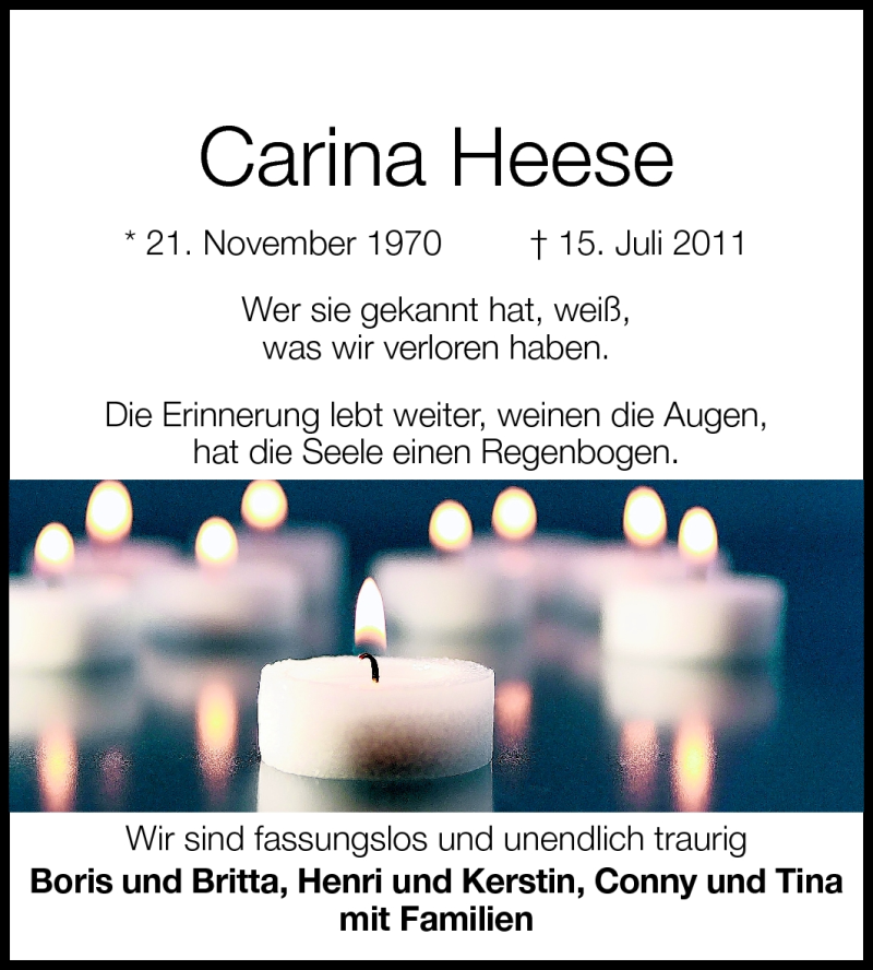  Traueranzeige für Carina Heese vom 03.08.2011 aus Rüsselsheimer Echo, Groß-Gerauer-Echo, Ried Echo