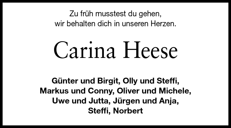  Traueranzeige für Carina Heese vom 02.08.2011 aus Rüsselsheimer Echo, Groß-Gerauer-Echo, Ried Echo