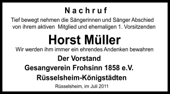Traueranzeige von Horst Müller von Rüsselsheimer Echo, Groß-Gerauer-Echo, Ried Echo