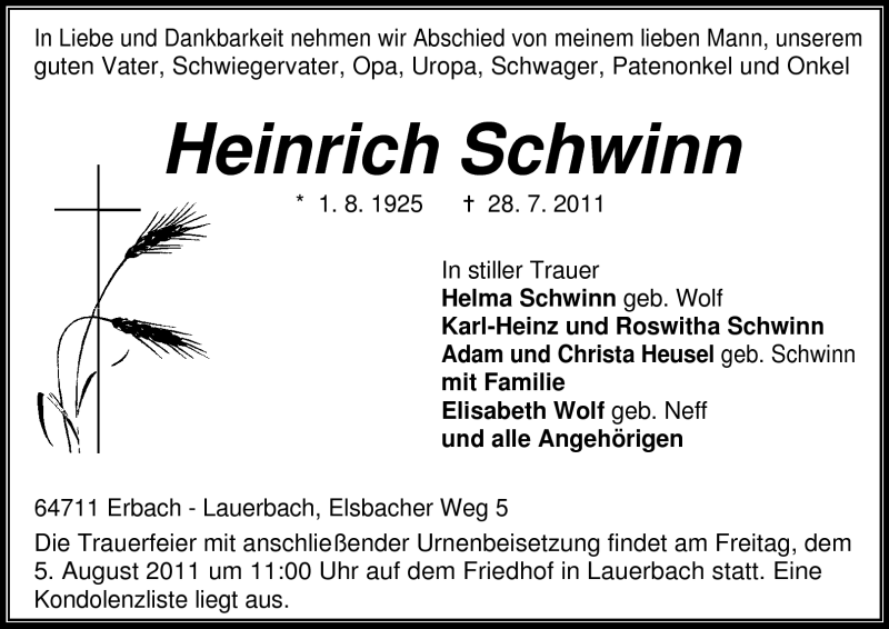 Traueranzeige für Heinrich Schwinn vom 03.08.2011 aus Odenwälder Echo