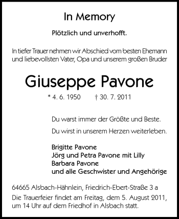 Traueranzeige von Giuseppe Pavone von Echo-Zeitungen (Gesamtausgabe)