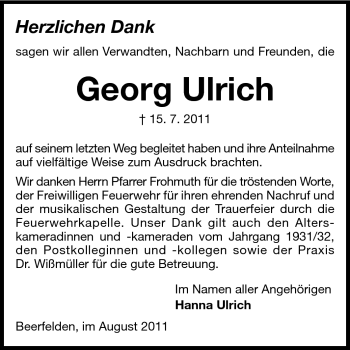 Traueranzeige von Georg Heinrich Ulrich von Odenwälder Echo