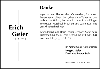 Traueranzeige von Erich Geier von Rüsselsheimer Echo, Groß-Gerauer-Echo, Ried Echo