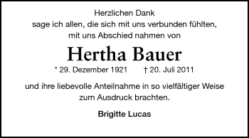 Traueranzeige von Hertha Bauer von Echo-Zeitungen (Gesamtausgabe)