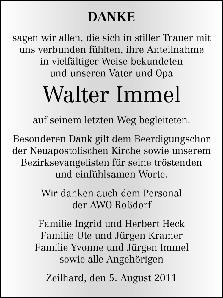  Traueranzeige für Walter Immel vom 05.08.2011 aus Echo-Zeitungen (Gesamtausgabe)