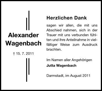 Traueranzeige von Alexander Wagenbach von Echo-Zeitungen (Gesamtausgabe)