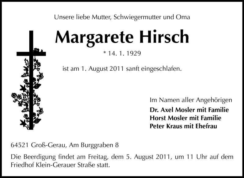  Traueranzeige für Margarete Hirsch vom 03.08.2011 aus Rüsselsheimer Echo, Groß-Gerauer-Echo, Ried Echo