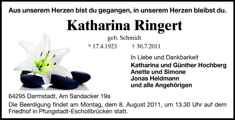  Traueranzeige für Katharina Ringert vom 04.08.2011 aus Echo-Zeitungen (Gesamtausgabe)