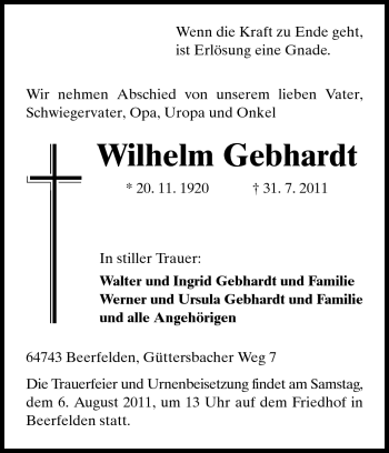 Traueranzeige von Wilhelm Gebhardt von Odenwälder Echo