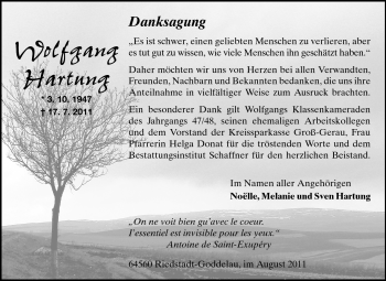 Traueranzeige von Wolfgang Hartung von Rüsselsheimer Echo, Groß-Gerauer-Echo, Ried Echo