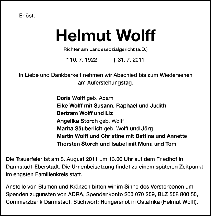  Traueranzeige für Helmut Wolff vom 06.08.2011 aus Echo-Zeitungen (Gesamtausgabe)