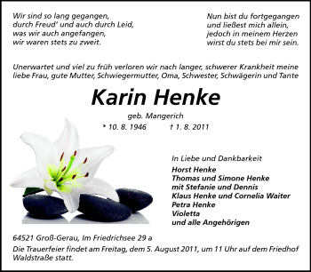 Traueranzeige von Karin Henke von Rüsselsheimer Echo, Groß-Gerauer-Echo, Ried Echo