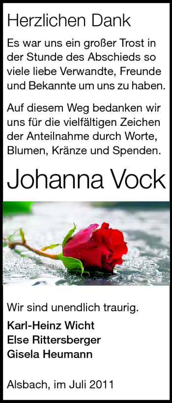 Traueranzeige von Johanna Vock von Echo-Zeitungen (Gesamtausgabe)
