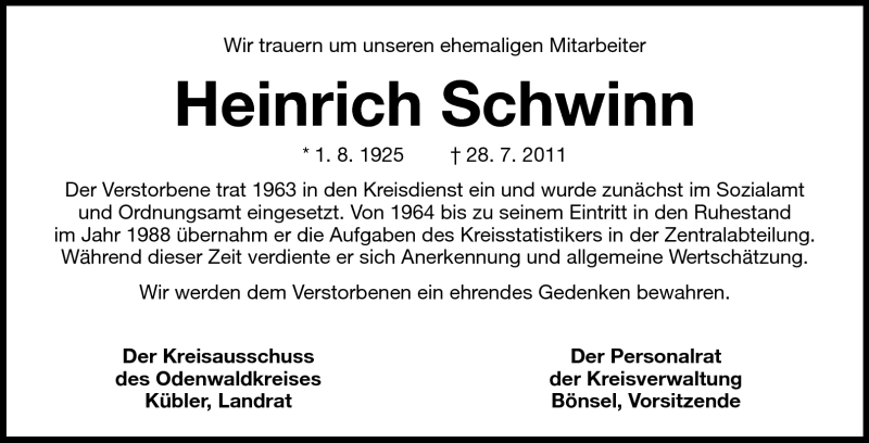  Traueranzeige für Heinrich Schwinn vom 04.08.2011 aus Odenwälder Echo