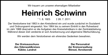 Traueranzeige von Heinrich Schwinn von Odenwälder Echo