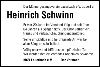 Traueranzeige von Heinrich Schwinn von Odenwälder Echo