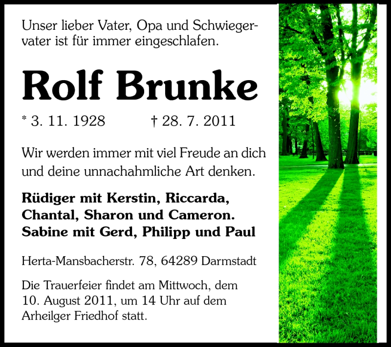  Traueranzeige für Rolf Brunke vom 06.08.2011 aus Echo-Zeitungen (Gesamtausgabe)