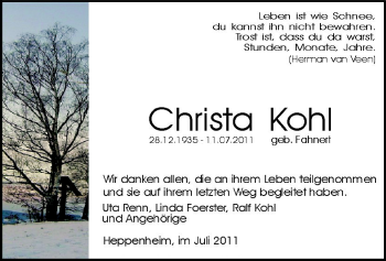 Traueranzeige von Christa Kohl von Starkenburger Echo