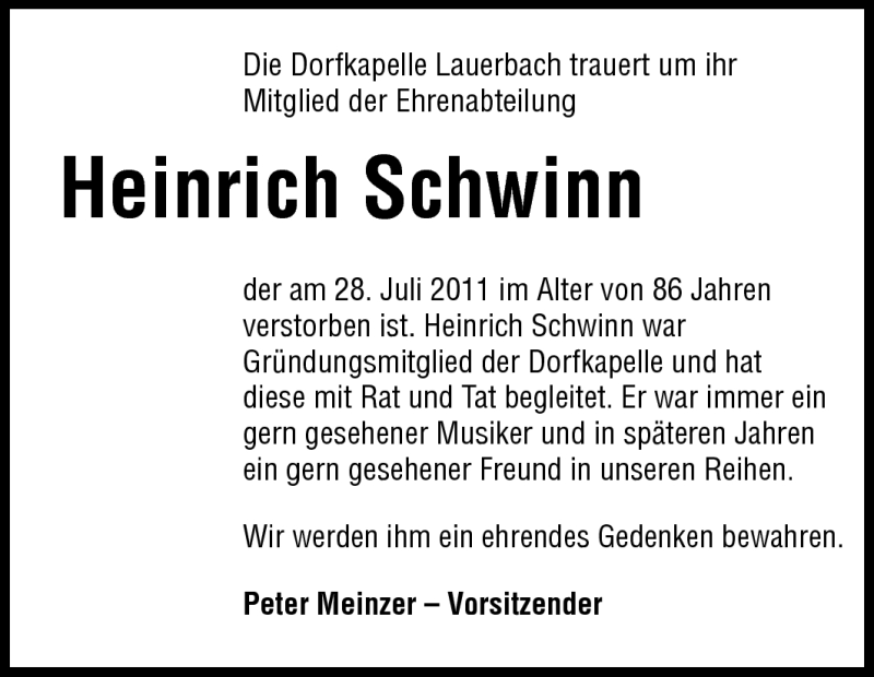  Traueranzeige für Heinrich Schwinn vom 04.08.2011 aus Odenwälder Echo