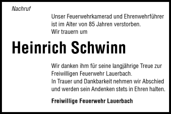 Traueranzeige von Heinrich Schwinn von Odenwälder Echo