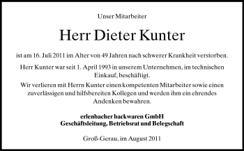 Traueranzeige von Dieter Kunter von Darmstädter Echo, Odenwälder Echo, Rüsselsheimer Echo, Groß-Gerauer-Echo, Ried Echo