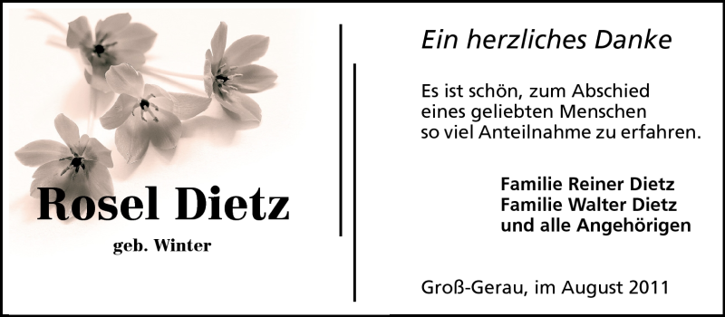  Traueranzeige für Rosel Dietz vom 06.08.2011 aus Rüsselsheimer Echo, Groß-Gerauer-Echo, Ried Echo