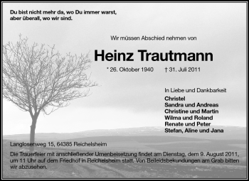 Traueranzeige von Heinz Trautmann von Odenwälder Echo
