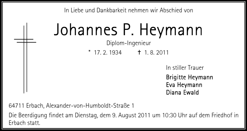  Traueranzeige für Johannes P. Heymann vom 05.08.2011 aus Odenwälder Echo