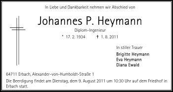 Traueranzeige von Johannes P. Heymann von Odenwälder Echo