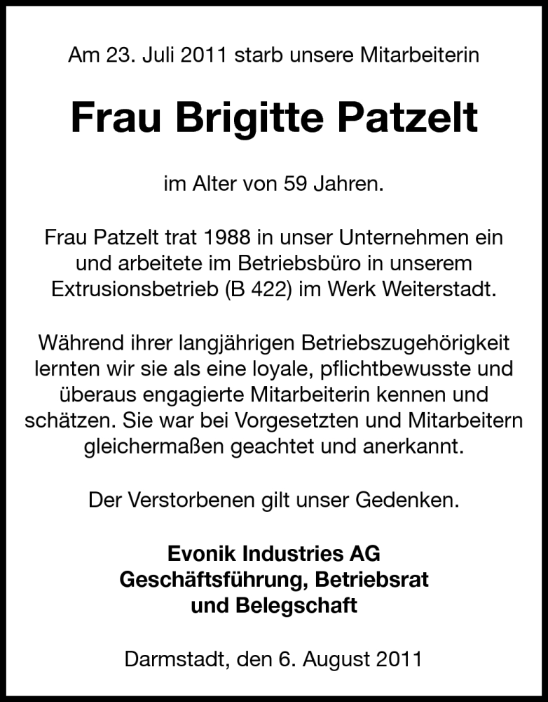  Traueranzeige für Brigitte Patzelt vom 06.08.2011 aus Echo-Zeitungen (Gesamtausgabe)