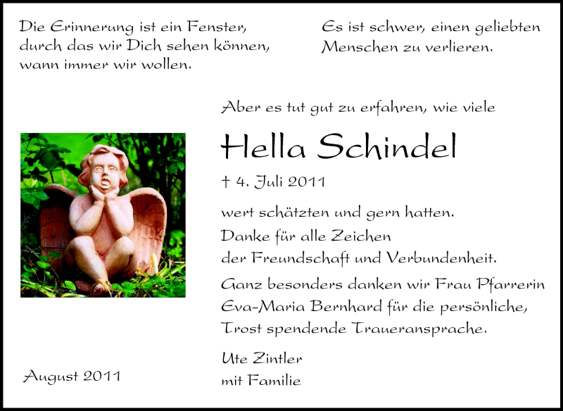  Traueranzeige für Hella Schindel vom 06.08.2011 aus Rüsselsheimer Echo, Groß-Gerauer-Echo, Ried Echo