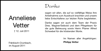 Traueranzeige von Anneliese Vetter von Echo-Zeitungen (Gesamtausgabe)