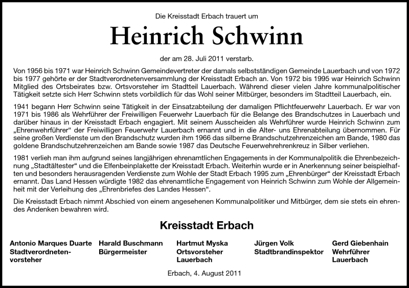  Traueranzeige für Heinrich Schwinn vom 05.08.2011 aus Odenwälder Echo