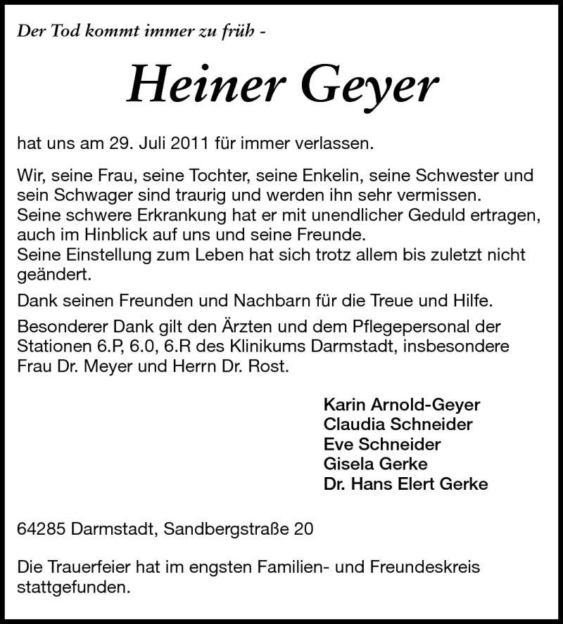 Traueranzeige für Heiner Geyer vom 06.08.2011 aus Darmstädter Echo, Odenwälder Echo, Rüsselsheimer Echo, Groß-Gerauer-Echo, Ried Echo