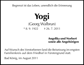 Traueranzeige von Georg (Yogi) Walbrun von Odenwälder Echo