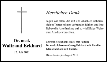 Traueranzeige von Waltraud Eckhard von Rüsselsheimer Echo, Groß-Gerauer-Echo, Ried Echo