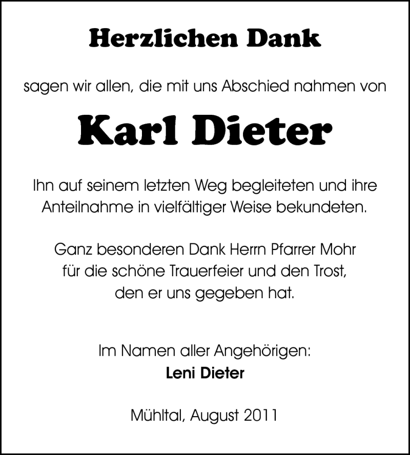  Traueranzeige für Karl Dieter vom 06.08.2011 aus Echo-Zeitungen (Gesamtausgabe)