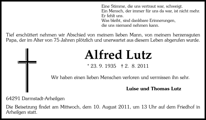  Traueranzeige für Alfred Lutz vom 06.08.2011 aus Echo-Zeitungen (Gesamtausgabe)