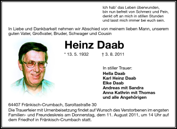 Traueranzeige von Heinz Daab von Echo-Zeitungen (Gesamtausgabe)