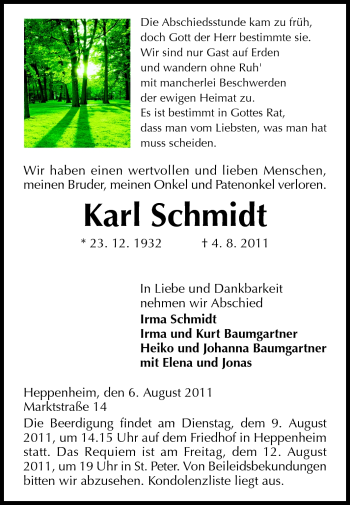 Traueranzeige von Karl Schmidt von Starkenburger Echo