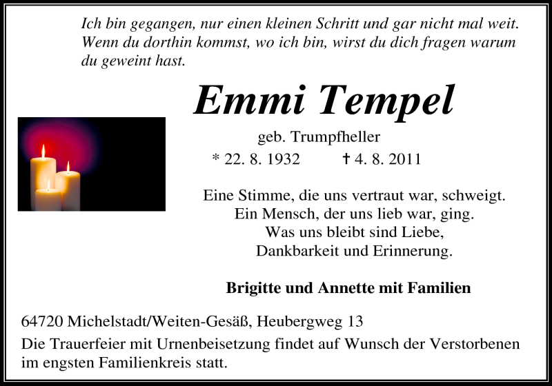  Traueranzeige für Emmi Tempel vom 06.08.2011 aus Odenwälder Echo
